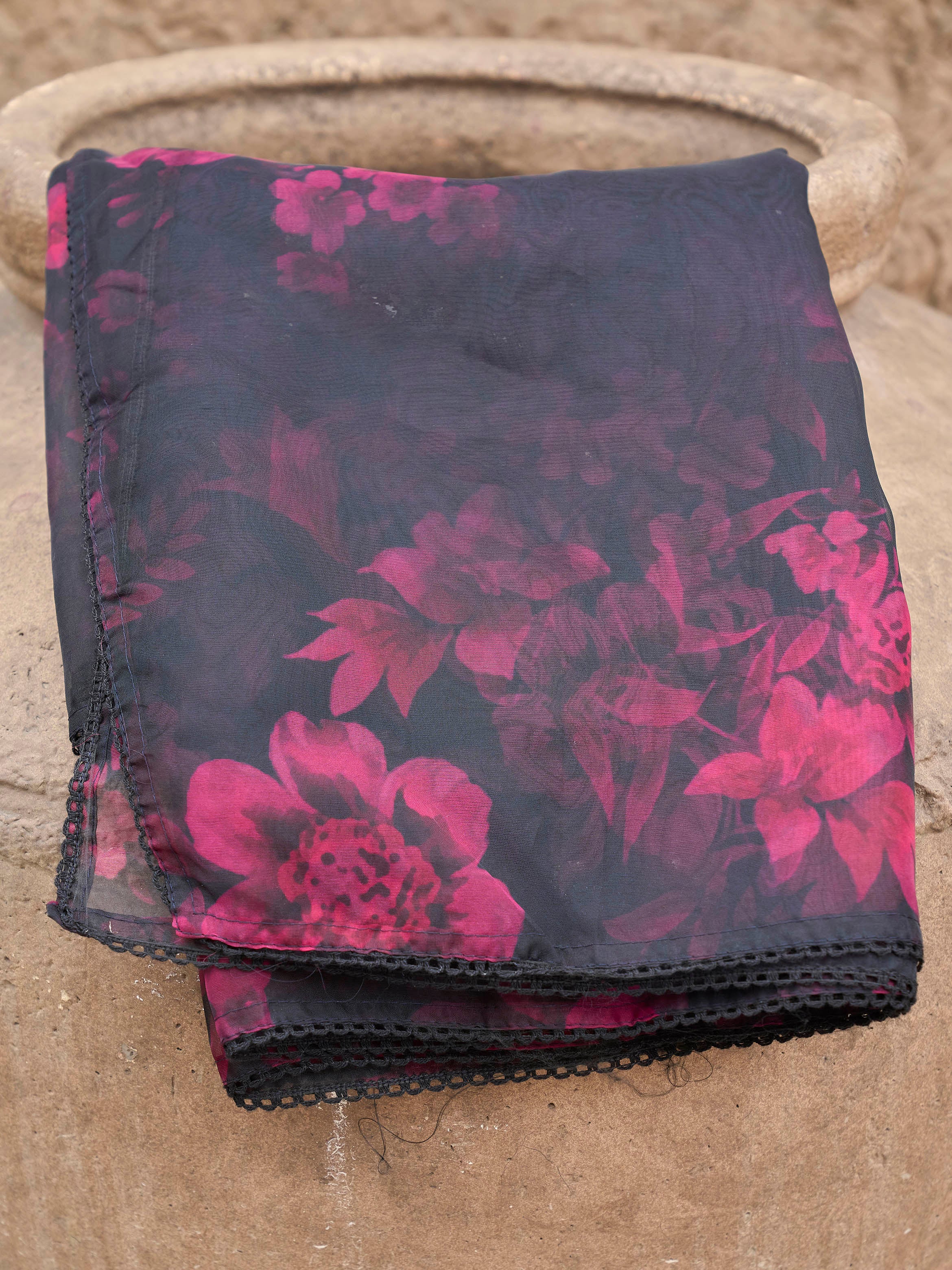 Burgundy color pure cotton with black thread jal embroidered kurta & trouser with printed dupatta set